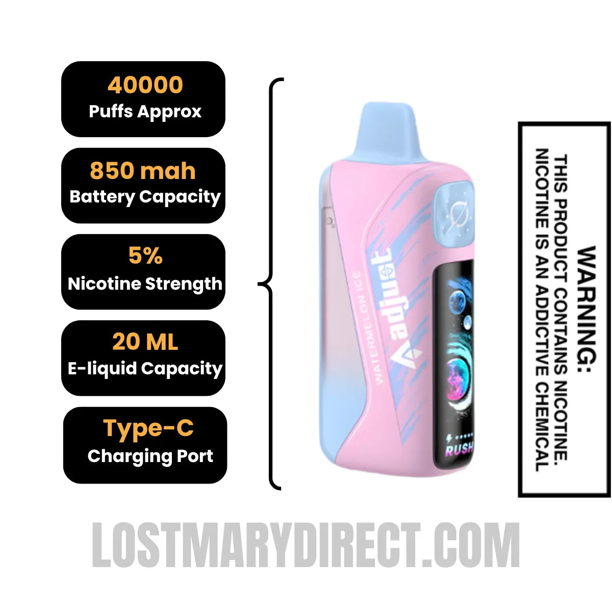 Watermelon Ice Adjust MyRusher 40K Disposable Vape with Specification