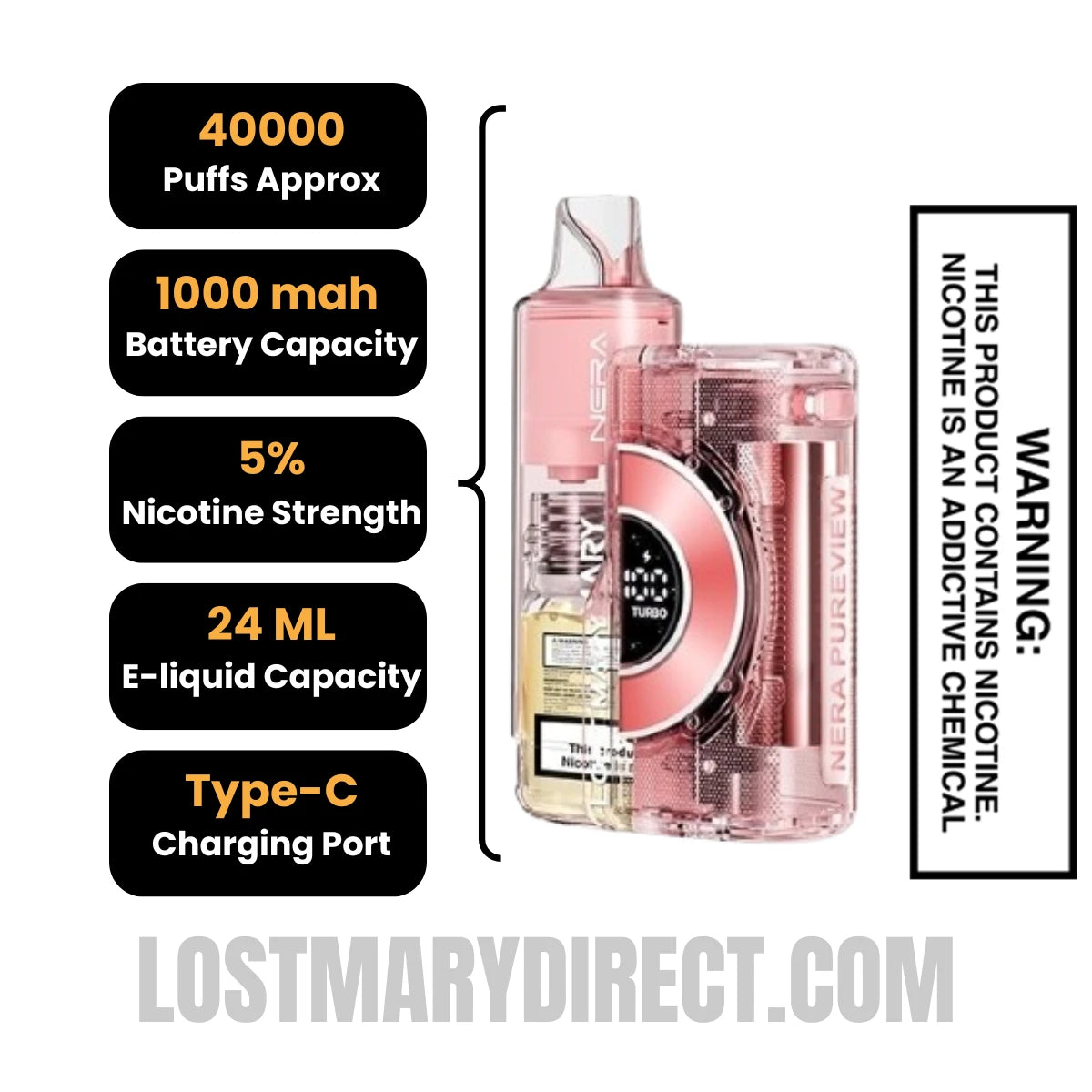 Watermelon Ice Lost Mary Nera Pureview 40K Vape Kit Specification