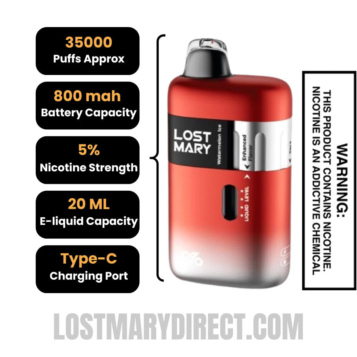 Watermelon Ice Lost Mary Ultrasonic 35K Disposable Vape Specifactions