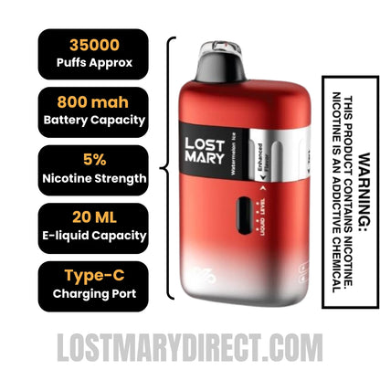 Watermelon Ice Lost Mary Ultrasonic 35K Disposable Vape Specifactions
