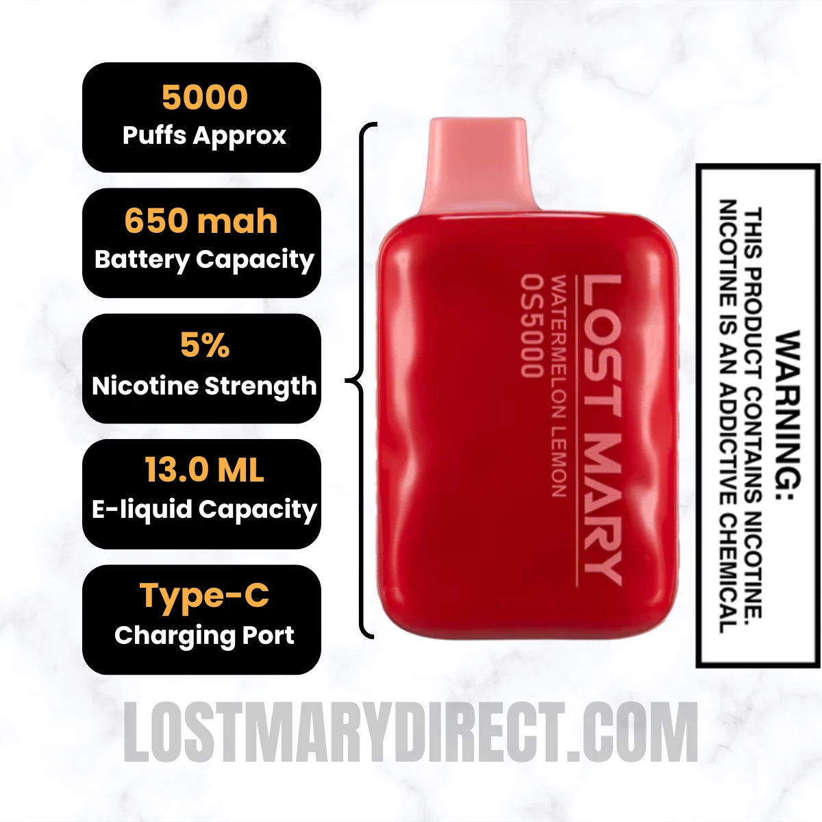 Watermelon Lemon Lost Mary OS5000 Disposable Vape Specifications