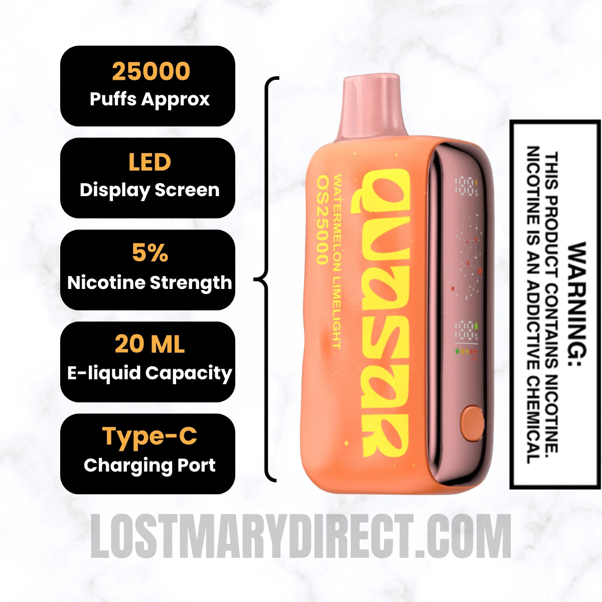 Watermelon Limelight  Lost Mary Quasar OS25000 Diposable Vape Specifications