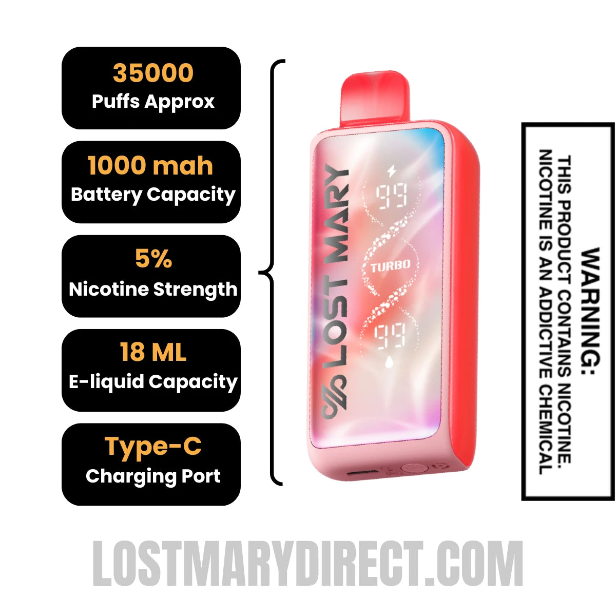 Watermelon Lost Mary MT35000 Turbo Disposable Vape Specifications