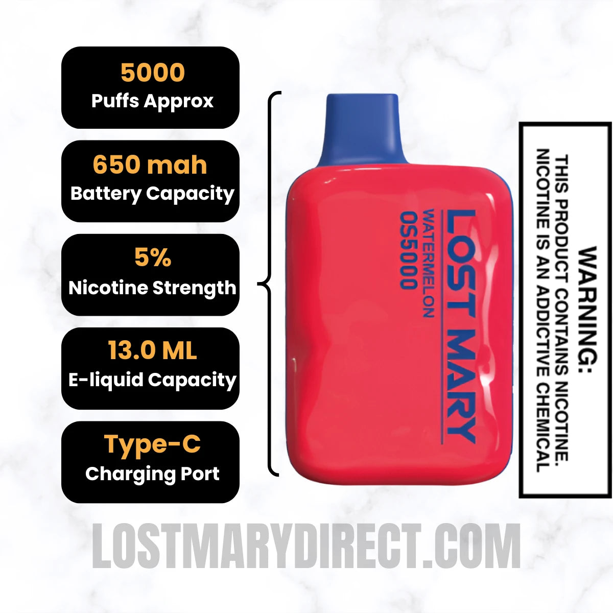 Watermelon Lost Mary OS5000 Disposable Vape Specifications