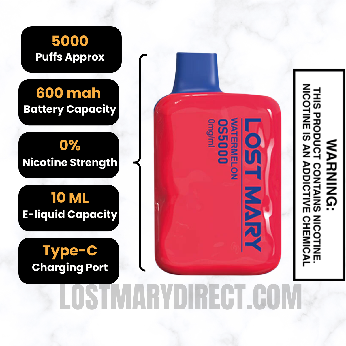 Watermelon Lost Mary OS5000 Zero Nicotine Vape Specifications