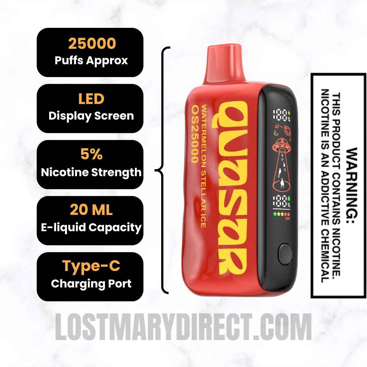 Watermelon Stellar Ice Lost Mary Quasar OS25000 Diposable Vape Specifications