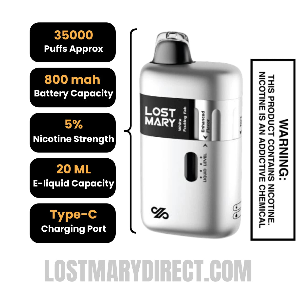 White Fcuking Fab Lost Mary Ultrasonic 35K Disposable Vape Specifications