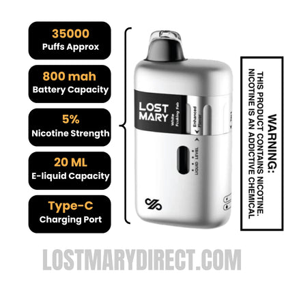 White Fcuking Fab Lost Mary Ultrasonic 35K Disposable Vape Specifications