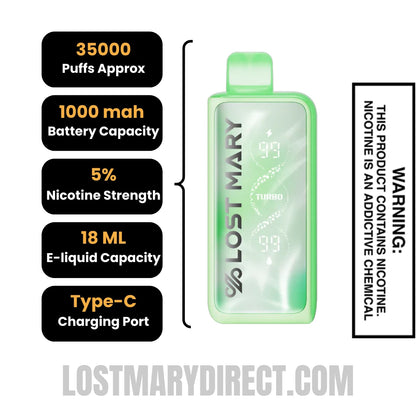 Winter Mint Lost Mary MT35000 Turbo Vape Specification