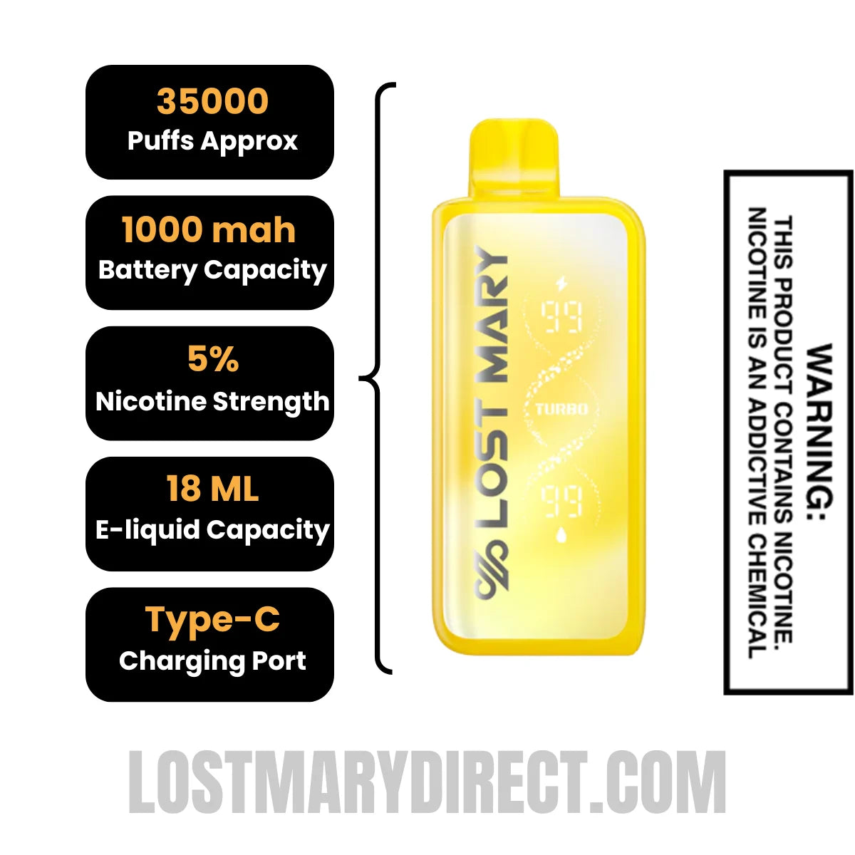 Yellow Pixy Lost Mary MT35000 Turbo Disposable Vape Specification