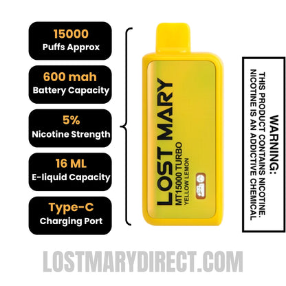 Yellow Lemon Lost Mary MT15000 Turbo Specifications