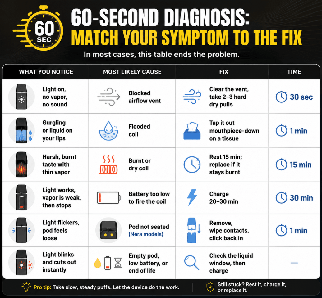 Lost Mary not hitting but lighting up: symptom, likely cause, and quick fix diagnosis chart