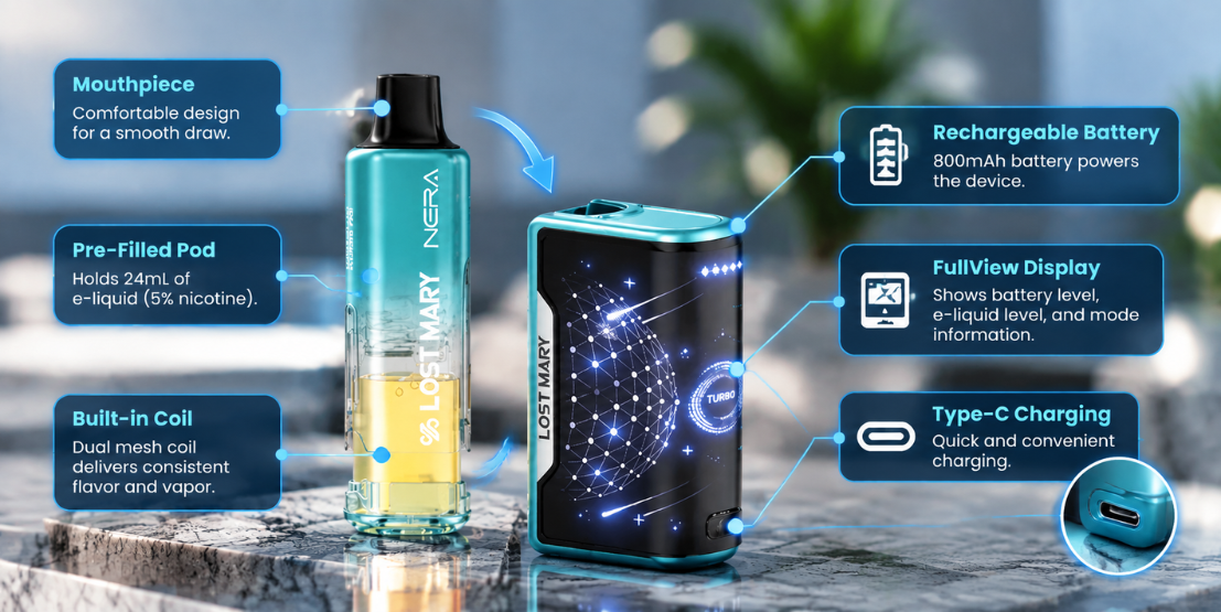 How the Lost Mary Nera FullView battery and pod system works